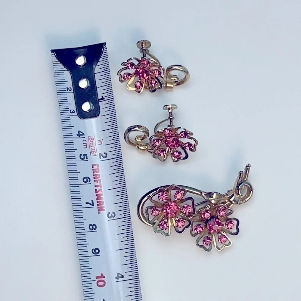 Vintage CORO 1950s Pink Rhinestone Floral Demi-Parure Brooch Earrings Set